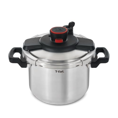 T-fal Clipso Stainless Steel Pressure Cooker 6.3 Quart, Induction, Secure locking System, One Hand System, Recipe Book Included, Cookware, Pots and Pans, Kitchen, Dishwasher Safe, Silver